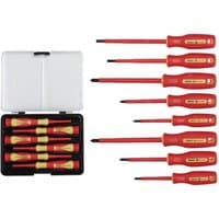 Red and yellow insulated screwdriver set with various sizes, stored in a black and white plastic case.