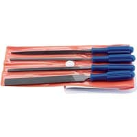 Draper Warding File Set, 100mm, 4-piece with blue handles, stored in a red plastic pouch.
