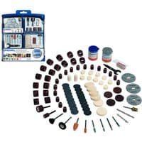 "Dremel 150pc accessory set with sanding discs, polishing pads, drill bits, and storage case."