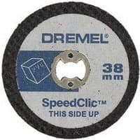 Gray Dremel EZ SpeedClic cutting wheel with black edge, labeled 38mm, featuring a central metal hub.