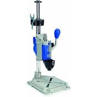 Dremel Workstation 220, silver and blue drill press with adjustable stand, tool holder, and sturdy base.