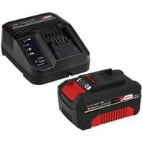 Black and red Einhell 18V Power X Change 4.0AH battery and charger kit with LED indicators and vented design.