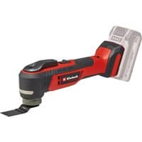 Red and black Einhell 18V multifunctional tool with ergonomic grip and interchangeable blade attachment.