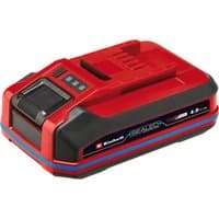 Red and black Einhell 18V 4.0Ah Li-ion battery with Power X-Change branding and LED charge indicators.