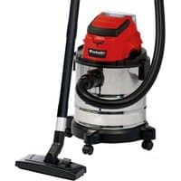 Red and silver Einhell cordless wet/dry vacuum cleaner with black hose, stainless steel tank, and four wheels.