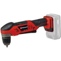 Red and black Einhell cordless angle drill with ergonomic grip and compact design, battery not included.
