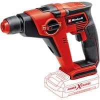 Red and black Einhell cordless rotary hammer drill with ergonomic grip and Power X-Change branding.