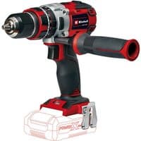 Red and black Einhell cordless impact drill with ergonomic grip and metal chuck, without battery attached.