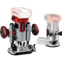 Red and silver Einhell 18V cordless palm router with ergonomic handles and clear base, shown without battery.