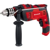 Red and black Einhell TC-ID1000 impact drill with side handle and metal chuck.