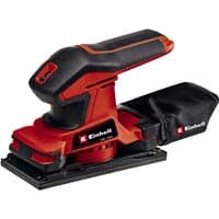 Red and black Einhell 18V orbital sander with ergonomic grip and dust collection bag.