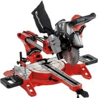 Red and black Einhell sliding mitre saw with 2100W motor, adjustable blade, and dust collection bag.