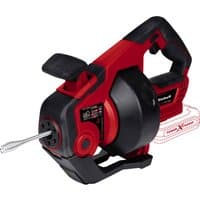 Red and black Einhell 18V cordless drain cleaner with ergonomic handle and flexible metal cable.