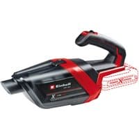 Black and red Einhell handheld vacuum, 18V, sleek design, ergonomic handle, battery slot visible.