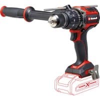 Red and black Einhell 18V cordless combi drill with side handle and metal drill chuck.