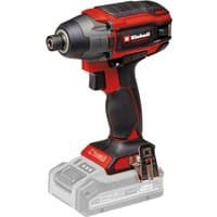 Red and black Einhell 18V impact driver with ergonomic grip and metal chuck, bare unit without battery.