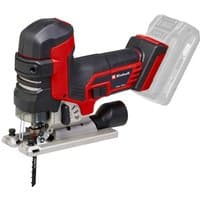 Red and black Einhell cordless jigsaw with ergonomic grip and visible blade, battery slot at the back.