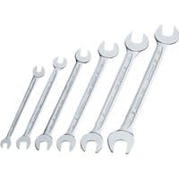 Elora 6-piece spanner set, silver, sizes 6-17mm, long open-end design, arranged from smallest to largest.