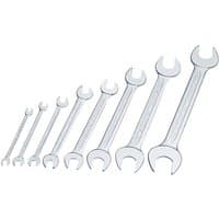 "Set of 8 silver Elora long open end spanners, varying sizes, with polished finish and engraved size markings."