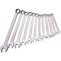 Elora 12-piece long combination spanner set, silver, sizes 8-22mm, with open and ring ends, arranged in ascending order.