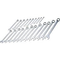 Silver Elora 22-piece long combination spanner set, sizes 8-32mm, featuring open and ring ends in ascending order.