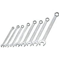 Elora 8-piece long combination spanner set, silver, sizes 8-17mm, open and ring ends, neatly arranged in ascending order.