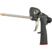 Heavy-duty metal foam applicator with black ergonomic handle, long silver nozzle, and trigger mechanism.