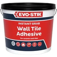 Red and white Evo-Stik Instant Grab Tile Adhesive bucket with black lid, labeled for ceramic wall tiles.