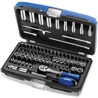 Black and blue case with 73-piece 1/4in drive socket set, including ratchet, sockets, and extensions neatly organized.