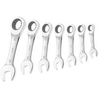Stubby ratchet spanner set with seven silver wrenches, each with open and ratchet ends, varying sizes.