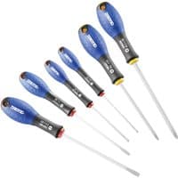 Set of six Expert screwdrivers with blue ergonomic handles and silver shafts, featuring various sizes and tips.