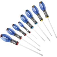 8-piece screwdriver set with blue ergonomic handles and various sizes, featuring flathead and Phillips tips.