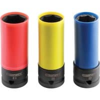 Three-piece Expert deep impact socket set with red, yellow, and blue 1/2in drive sockets, black bases.