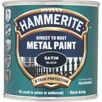Hammerite Metal Paint can, satin black, with rust protection label and fence image on front.
