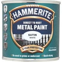 Hammerite Metal Paint can, satin white, blue label with gold and white text, rust protection features.