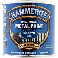 Blue Hammerite Metal Paint can with smooth finish label and rust protection features.