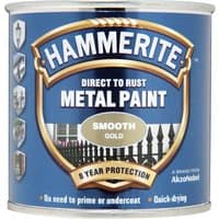 Blue can of Hammerite Metal Paint Smooth Gold with gold shield logo and rust protection claims.