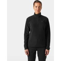 Black Helly Hansen women's fleece with 1/2 zip, high collar, long sleeves, and subtle logo on chest, size L.