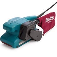 Teal Makita 9911 belt sander with black motor housing and maroon dust bag.