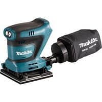 Makita DBO480Z 18V Li-ion LXT sander, teal and black, with dust bag attachment and ergonomic grip handle.