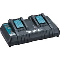Makita DC18RD black twin port charger with blue accents, dual battery slots, and LED indicators.