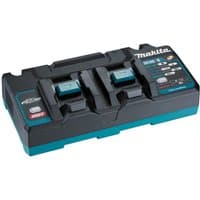 Makita DC40RB XGT 40V twin port charger, black and teal with dual slots and LED indicators.