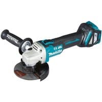 Makita DGA513Z 18V LXT angle grinder, teal and black, with side handle and 125mm disc, bare unit without battery.
