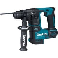 Makita blue and black cordless rotary hammer with side handle, SDS+ chuck, and 18V battery slot.