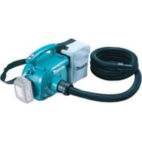 Teal Makita DVC350Z 18V LXT vacuum cleaner with black hose, shoulder strap, and grey dust bag.