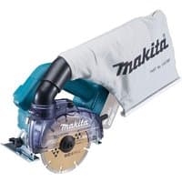 Makita LXT DCC500Z 18V disc cutter with teal body, clear blade guard, and dust bag attachment.