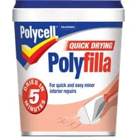 Polycell Quick Drying Polyfilla 330g tub, blue lid, red and yellow logo, text highlights 5-minute drying time.