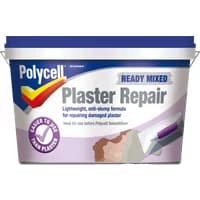 Polycell Ready Mixed Plaster Repair in a purple and white tub with a blue lid and easy-to-use label.