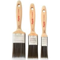 Set of three Purdy Monarch Elite XL paint brushes with wooden handles and stainless steel ferrules.
