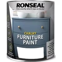 Ronseal Chalky Furniture Paint can, duck egg color, with a painted dresser image and bold white text.
